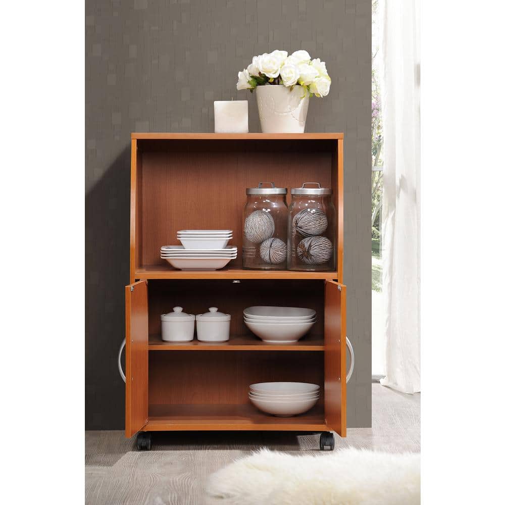 Cherry Wood Microwave Cart with Storage and Wheels
