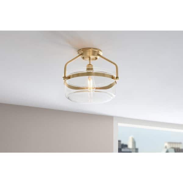 Hampton Bay Timphaven 1-Light 13 in. W Brass Mount Semi-Flush Clear Glass