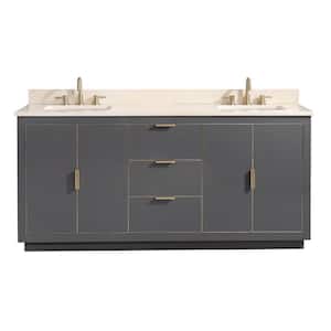 Austen 73 in. W x 22 in. D Bath Vanity in Gray with Gold Trim with Marble Vanity Top in Crema Marfil with Basins