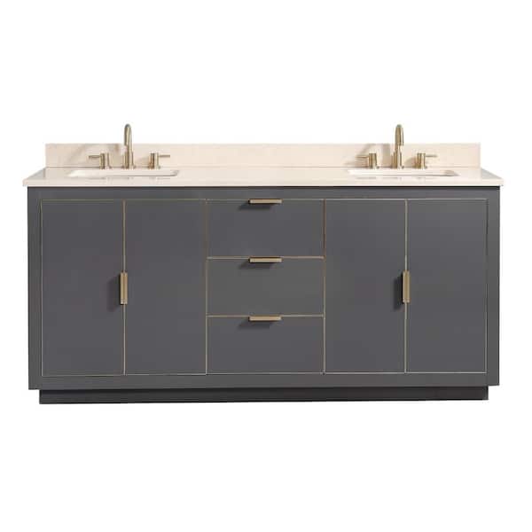 Avanity Austen 73 in. W x 22 in. D Bath Vanity in Gray with Gold Trim with Marble Vanity Top in Crema Marfil with Basins