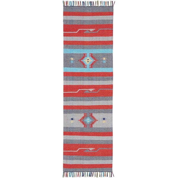 Nourison Baja Grey/Red 2 ft. x 8 ft. Tribal Transitional Runner Area Rug