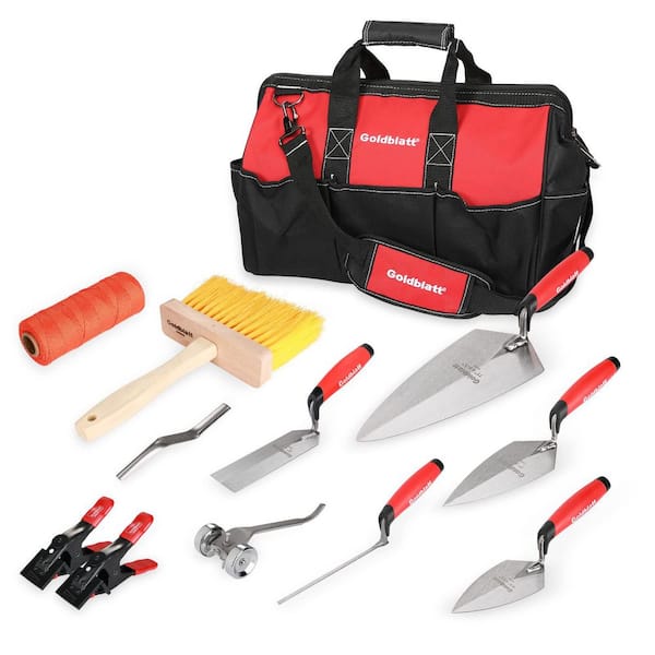 Masonry Hand Tool Set with Organized Tool Bag, Pointing Trowel, Joint Raker, String Line, Masonry Brush (12-Pack)
