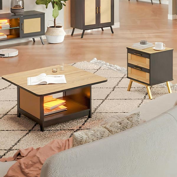 Bestier 3-Piece 35.4 in. Black Square Modern Composite Coffee Table Set with Coffee Table + 2 End Tables
