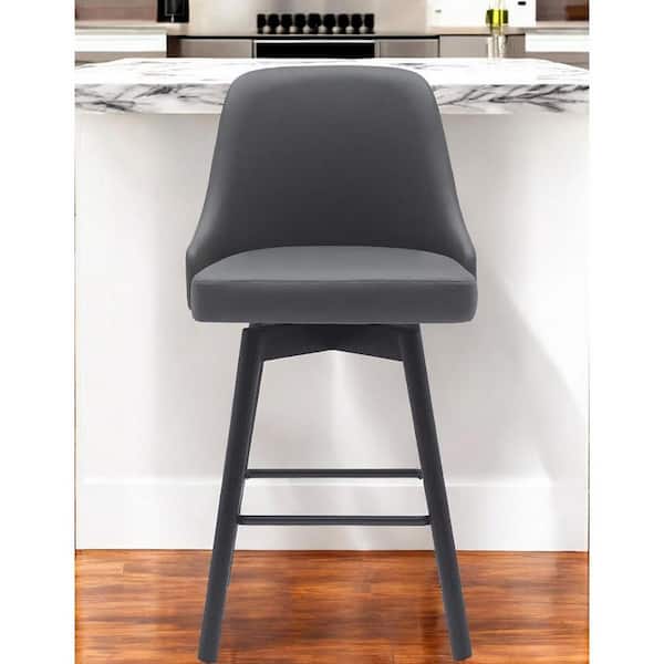 26 in. Black and Gray High Back Wood Counter Stool Faux Leather Seat