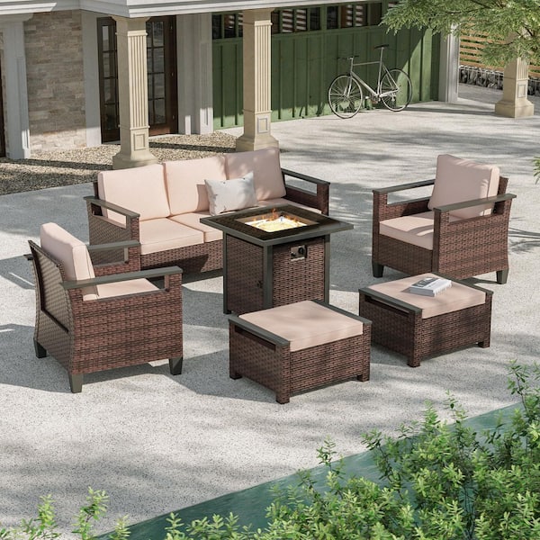 6-Pieces Patio Sofa with Square Fire Table Set Wide Armrests High Back Sofa Chair Design Brown Wicker Sand Cushion