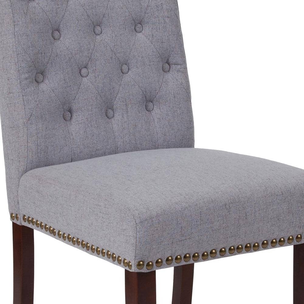 High-Back Parsons Side Chair in Light Gray Leather & Walnut Wood