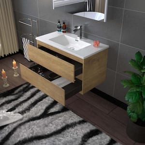 NJ 35.4 in. W x 19. in. D x 20.63 in. H Single Sink Floating Bath Vanity in Natural Oak with White Resin Top