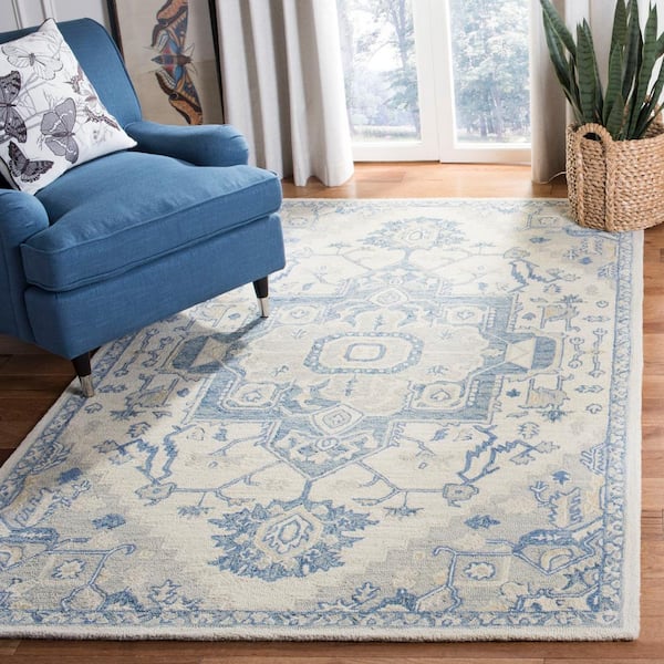 Micro-Loop Ivory/Blue 5 ft. x 5 ft. Floral Medallion Square Area Rug