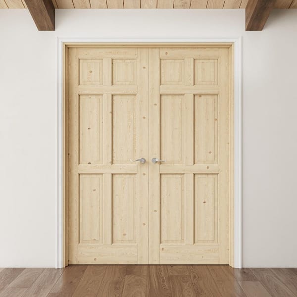 60 in. x 80 in. 6-Panel Universal Unfinished Solid Core Pine Wood Double Prehung French Door+ Quick Assemble Pine Jamb