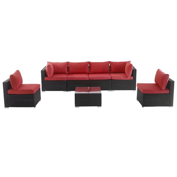 Willit 7-Piece Wicker Outdoor Sectional Set with Red Cushions