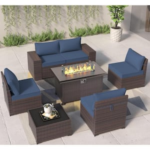 7-Piece Wicker Patio Fire Pit Set with 55000 BTU Gas Fire Pit Table, Coffee Table,Glass Wind Guard and Cushion Navy blue