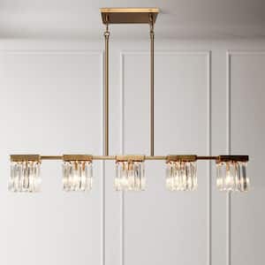 Modern Plating Brass Island Chandelier With Square Crystal Shades 40.2 in. 5-Light Linear Large Pendant for Dining Room