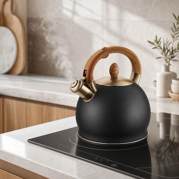 Numhew 15-Cup Polished Black Stainless Steel Stovetop Tea Kettle