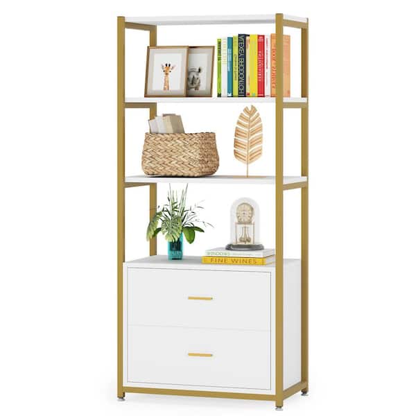 Tribesigns Earlimart 60 in. White and Gold Wood and Metal 4-Shelf Standard Bookcase with 2-Drawers