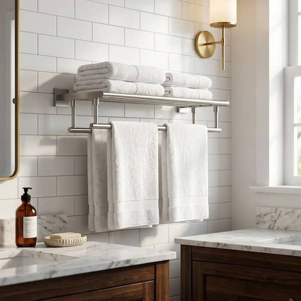 24 in. Bathroom Wall Mounted Double Tier Towel Rack with Double Towel Bar Stainless Steel in Brushed Nickel