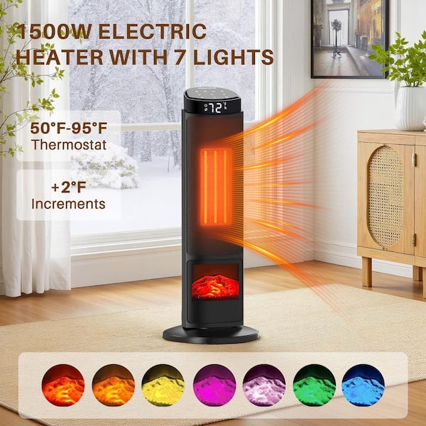 Black 1,500-Watt 23.6 in. Thermostat Electric Patio Heater with Remote and 7 Light Colors, 70°Oscillation