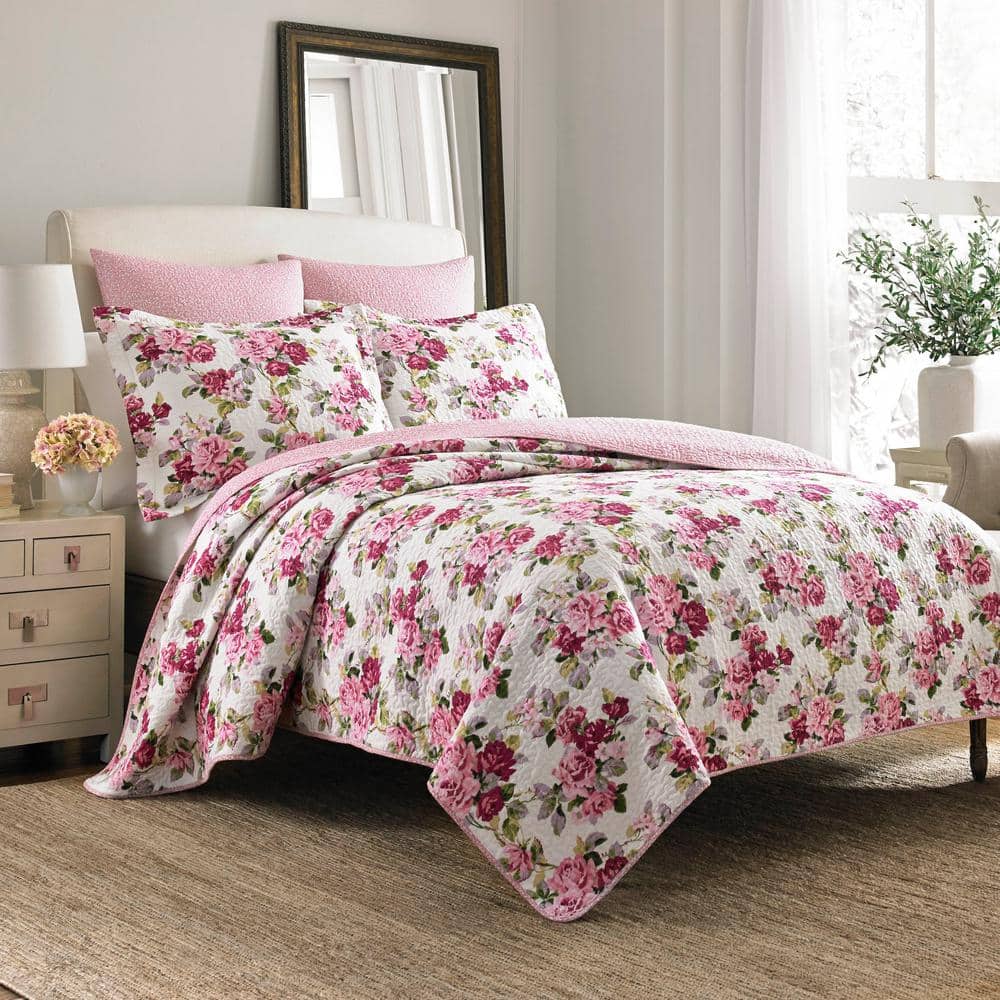 3 Pieces Floral Quilt Set Queen Size Beige Pink Rose Print Shabby Chic  Bedspread Coverlet Lightweight Bed Cover for All Season - 90 x 96 :  : Home & Kitchen
