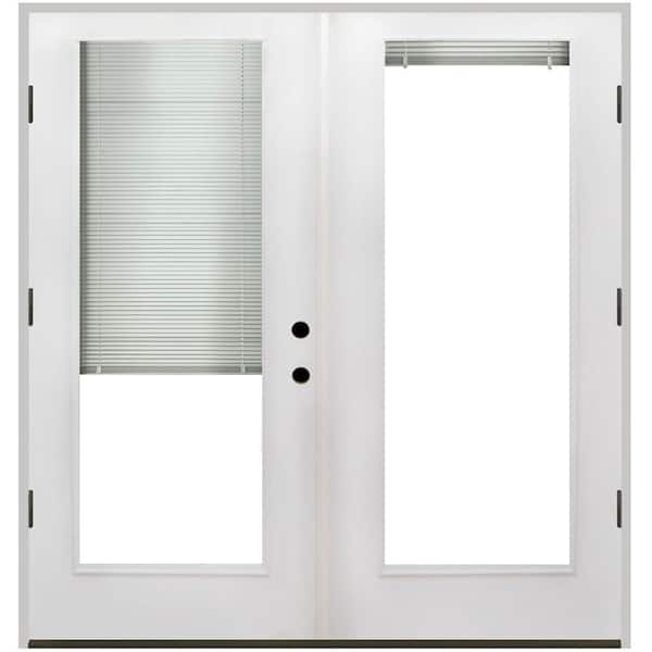 Steves & Sons 60 in. x 80 in. Reliant Series White Primed Fiberglass Prehung Right-Hand Outswing Mini Blind Patio Door