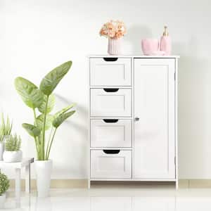 Mid Century Mediterranean White Wood Accent Storage Cabinet with 4 Drawers, shelf and Door, Sideboard, Floor Cabinet