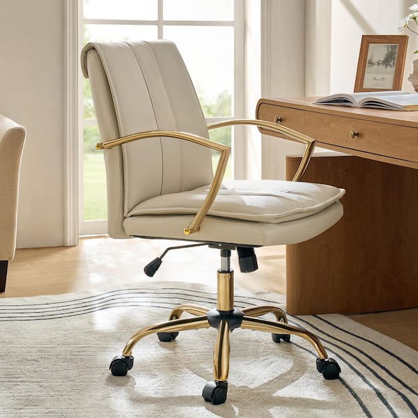 Carlos Genuine Leather Swivel Office Chair in Beige with Armrests