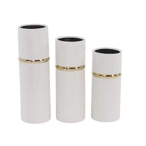 12 in., 14 in., 16 in. White Ceramic Decorative Vase with Gold Accents (Set of 3)
