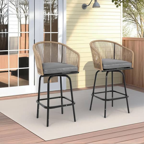 Unbranded Wicker Outdoor Bar Stools with Gray Cushion, Armrests and Backrest(2-Pack), for Backyard Garden Pool Balcony and Deck