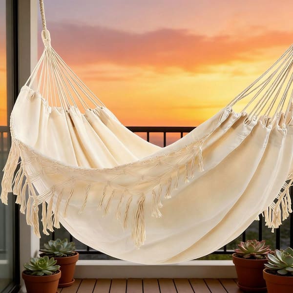 9 ft. Double Boho Hammock Bed Hammock with Tassels in Beige