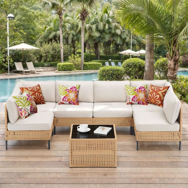 7-Piece Yellow Wicker Outdoor Sectional Set with Beige Cushions