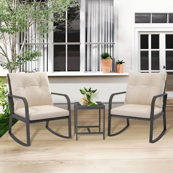 3-Piece Metal Wicker Outdoor Bistro Set Rocking Chair Set with Beige Cushions, 2 Rocking Chairs, Glass-Top Table