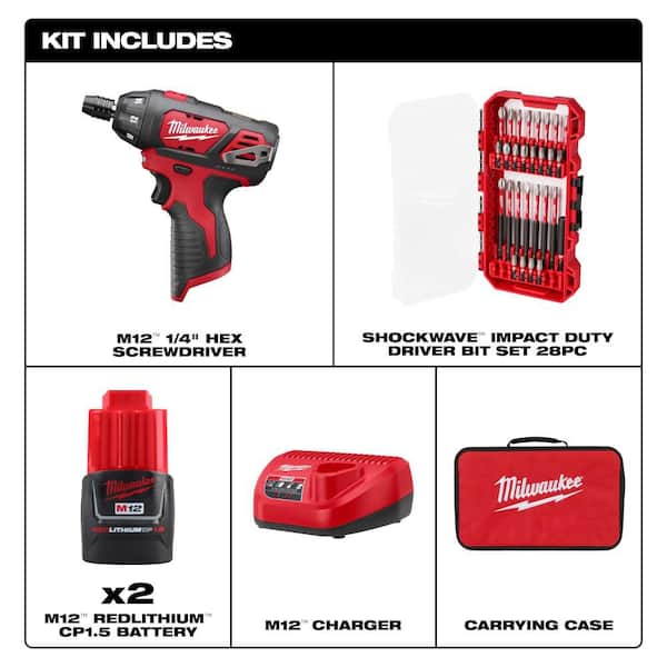 M12 12V 1/4 in. Hex Screwdriver Kit w/ (2) 1. 5Ah Batteries, Charger, Bag with 28-Pc SHOCKWAVE Set