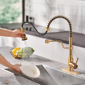 Single-Handle Pull-Down Sprayer Kitchen Faucet with 3 Function Pull out Sprayerhead, Deckplate in Brushed Gold