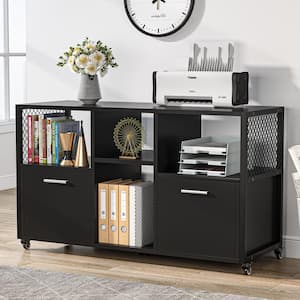 Atencio Black 2 Drawer Wood File Cabinets, Modern Mobile Lateral Filing Cabinet for Letter/A4 Size, Printer Stand