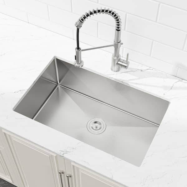 30 in. x 19 in. Stainless Steel Single Bowl Undermount Kitchen Sink with Drain and Hooks in Brushed Nickel