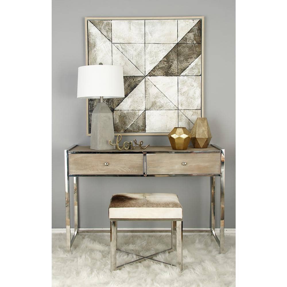 Silver Hair on Hide Upholstered Stool with Steel X-Base
