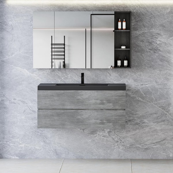 47.24 in. W x 19.69 in. D x 22.44 in. H Single Sink Wall Mounted Bath Vanity in Grey with Black Solid Surface Top