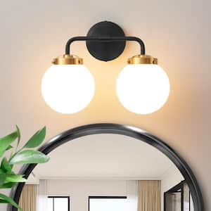 14.17 in. 2-Light Black and Gold Bathroom Vanity Light with Opal Glass Shades, Bulb not Included