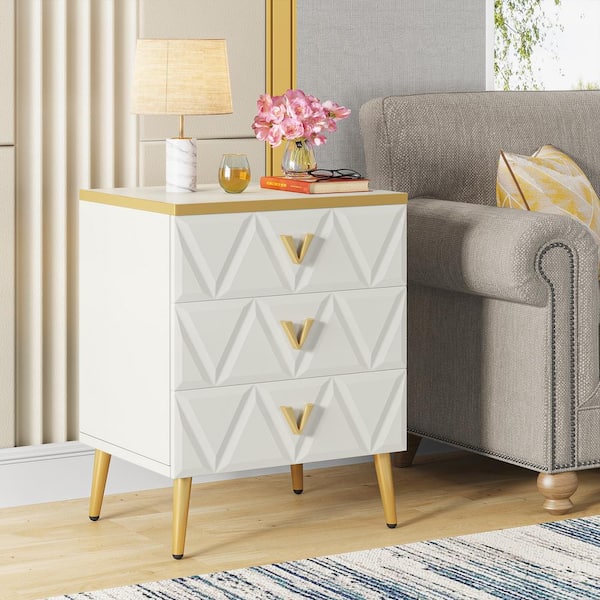 TRIBESIGNS WAY TO ORIGIN Mayville 15.8 in. D x 19.7 in. W x 23.6 in. H 3-Drawers White Gold Nightstand Wooden Storage End Table