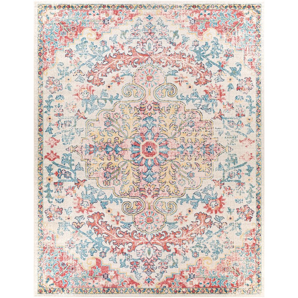 Blush and Yellow Rectangular Synthetic Medium Pile Area Rug