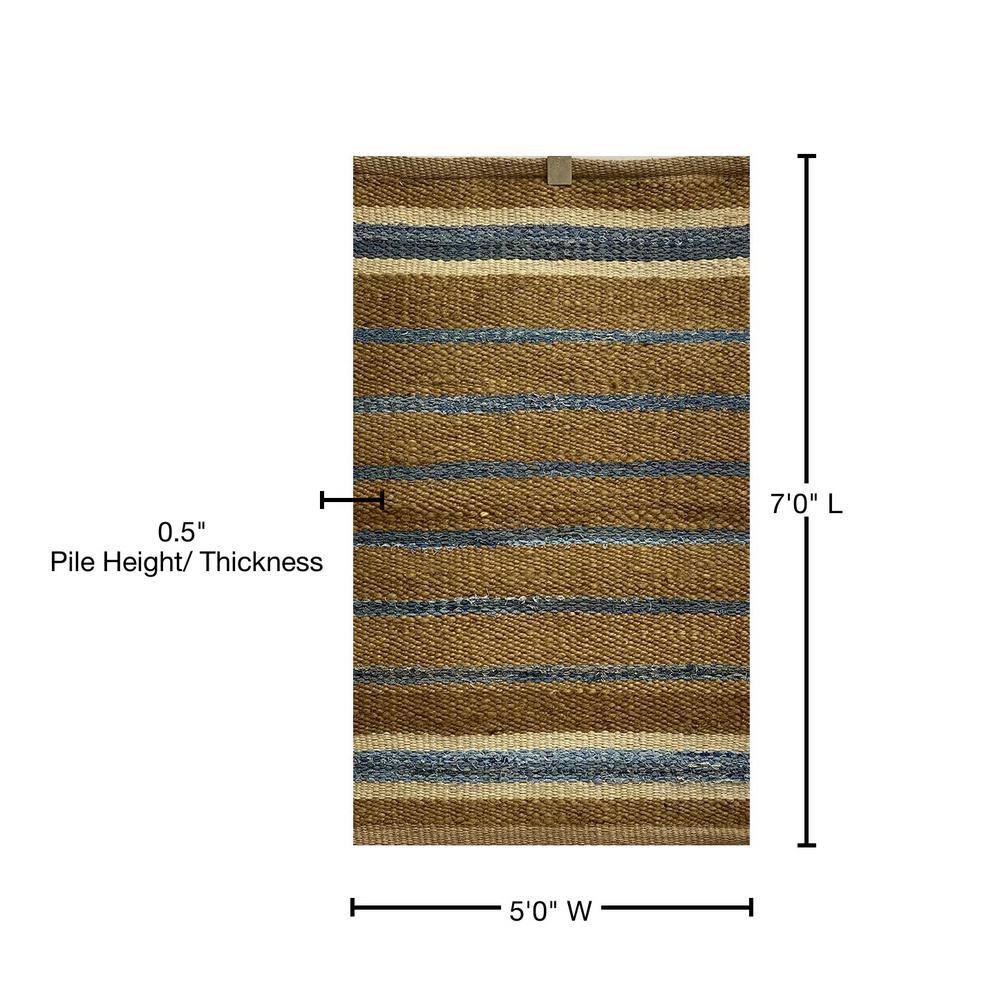 Handmade Blue and Beige Cotton Striped 5' x 7' Rug