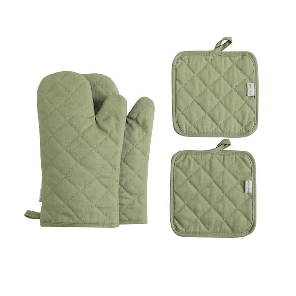 Cotton Green 500°F Heat Resistant 100% Cotton Non-Slip Pizza Baking Oven Mitts and Pot Holders 4-Piece Set