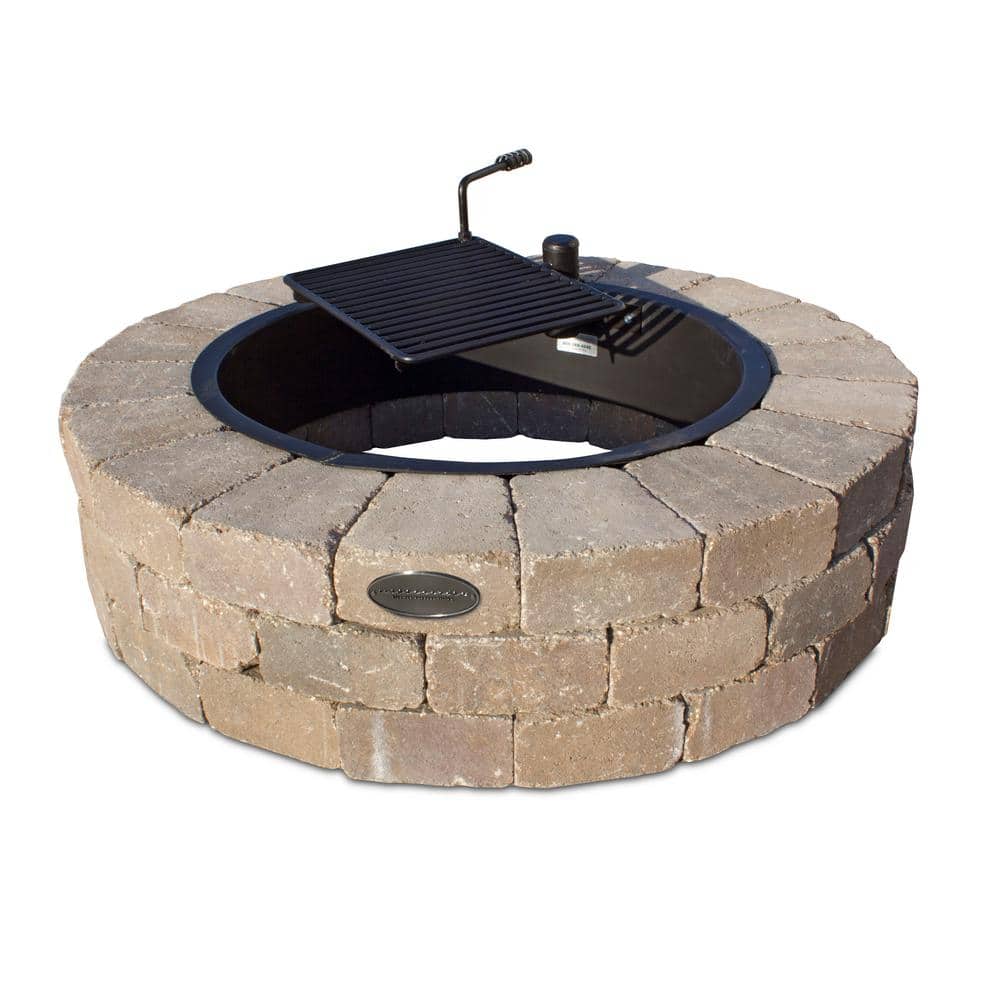 Round Concrete Beechwood Fire Pit Kit, Rockwood Steel Insert And Cooking Grate For Ring Fire Pit