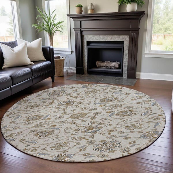 Mayfield Premium Machine Washable Abstract AMF1149 Ivory 8 ft. x 8 ft. Round Rug