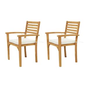 Brown Teak Wood Traditional Outdoor Dining Chair with White Cushion (Set of 2)
