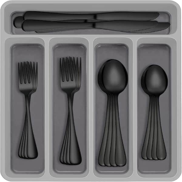 60-Piece Black Stainless Steel Flatware Cutlery Set with Organizer(Service for 12)