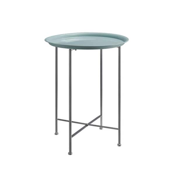 Unbranded Contemporary 18 in. W x 23.75 in. H Seafoam Green and Silver Round Metal End Table