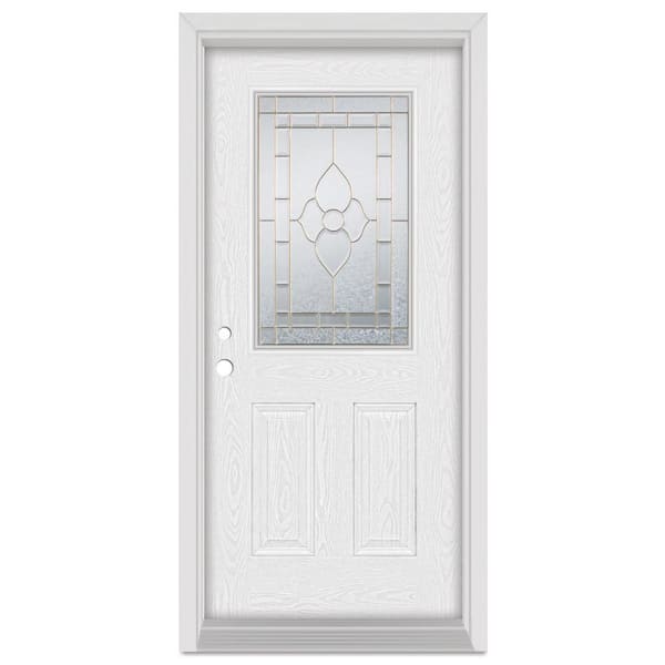 32 in. x 80 in. Traditional Right-Hand Brass Finished Fiberglass Oak Woodgrain Prehung Front Door