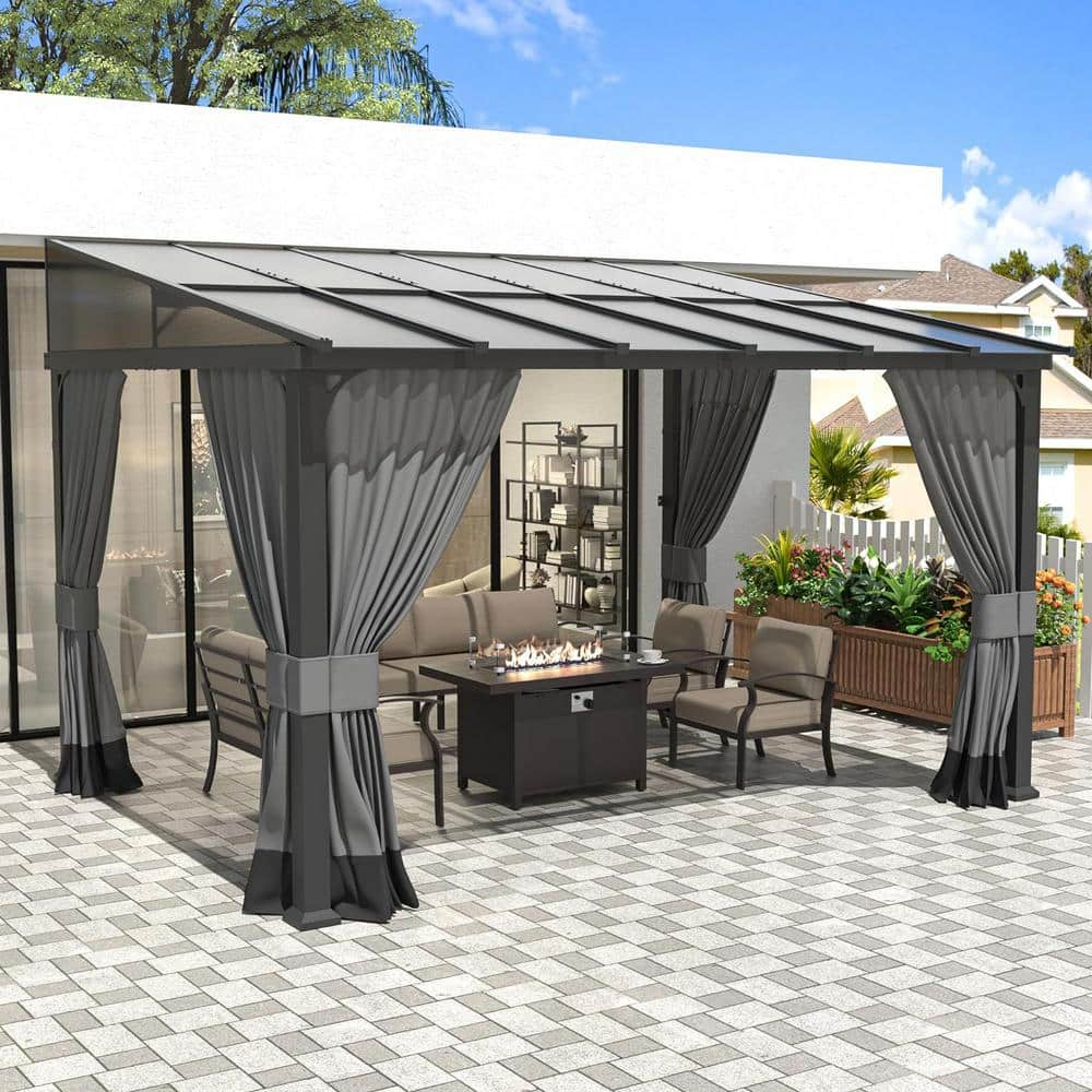 Halmuz 10 ft. x 12 ft. Brown Hardtop Wall Mounted Gazebo with Sloping ...