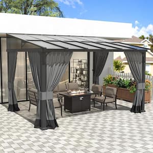 10 ft. x 12 ft. Brown Hardtop Wall Mounted Gazebo with Sloping Pitched Roof and Curtain Gray