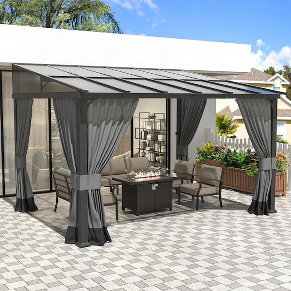 10 ft. x 12 ft. Brown Hardtop Wall Mounted Gazebo with Sloping Pitched Roof and Curtain Gray