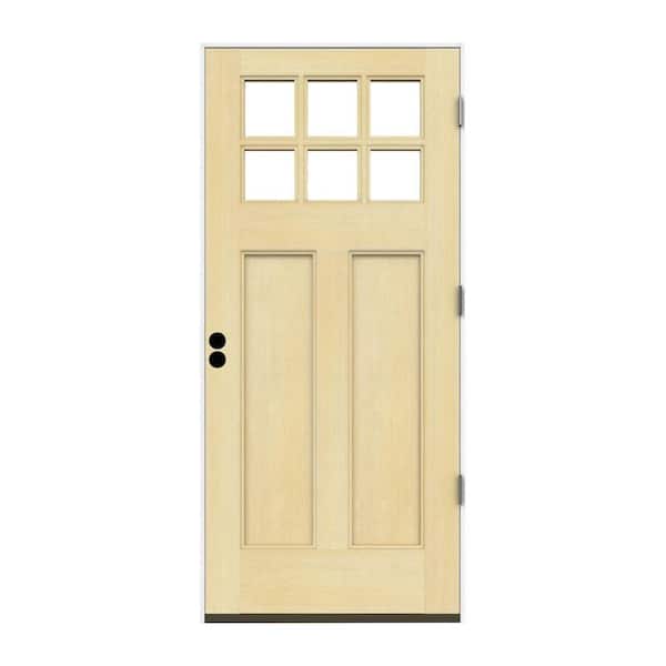 JELD-WEN 36 in. x 80 in. 6 Lite Craftsman Unfinished Wood Prehung Left-Hand Outswing Front Door w/Primed Rot Resistant Jamb